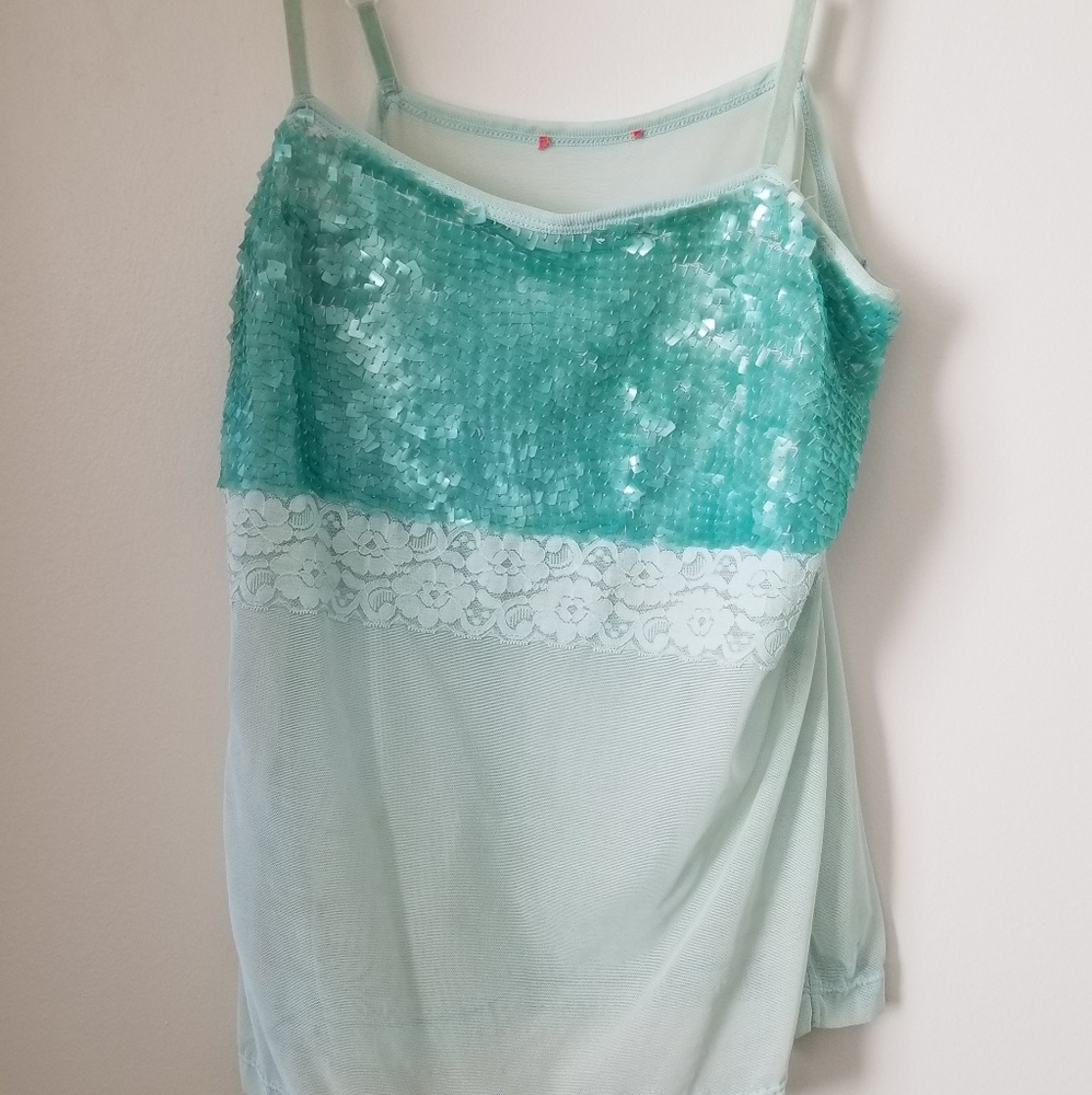 Blumarine turquoise sequined & mesh top. Vintage 1990s.